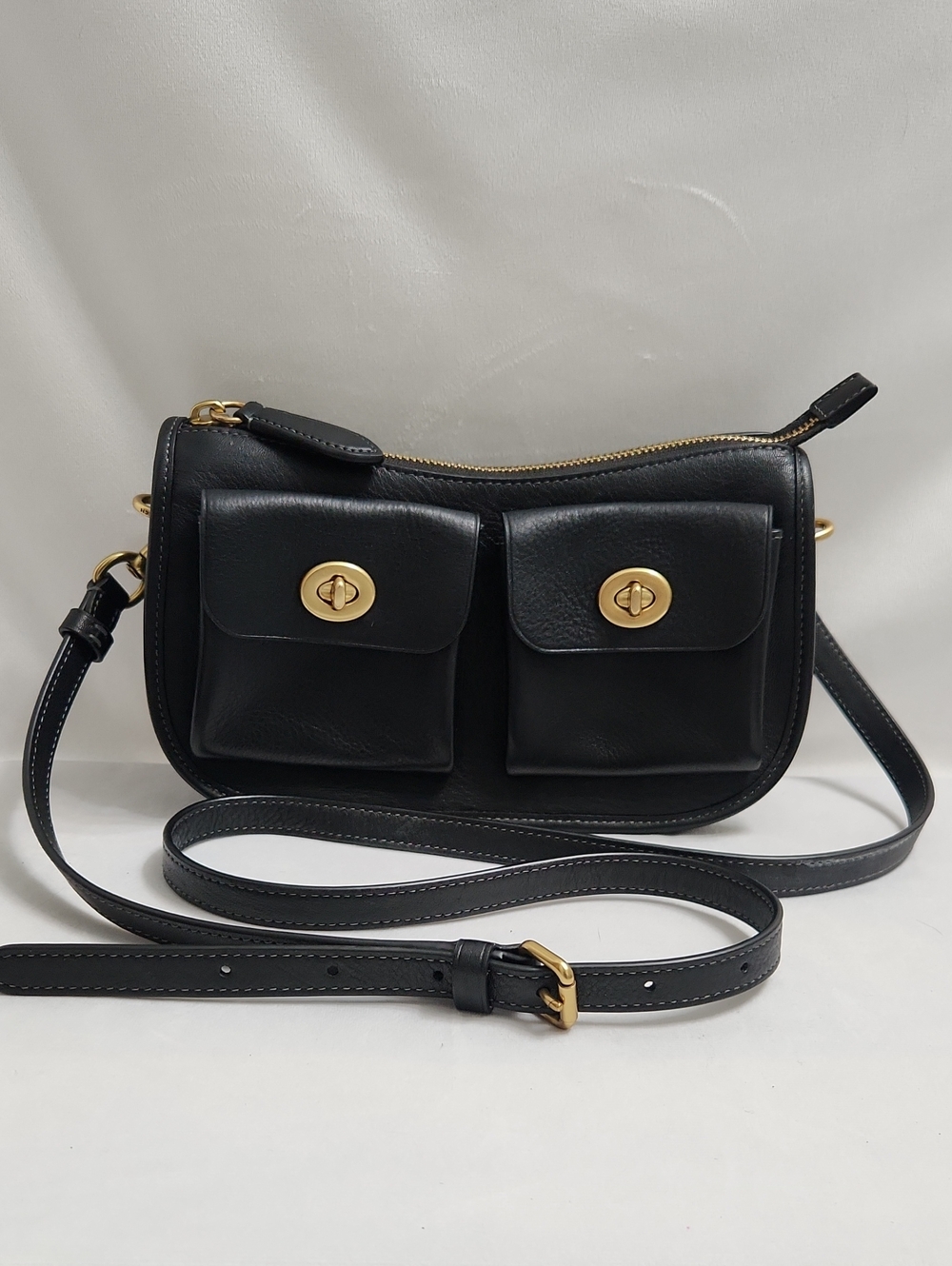 Coach Outlet Twin Turnlock Black Leather Crossbody Bag with Double Front Pockets